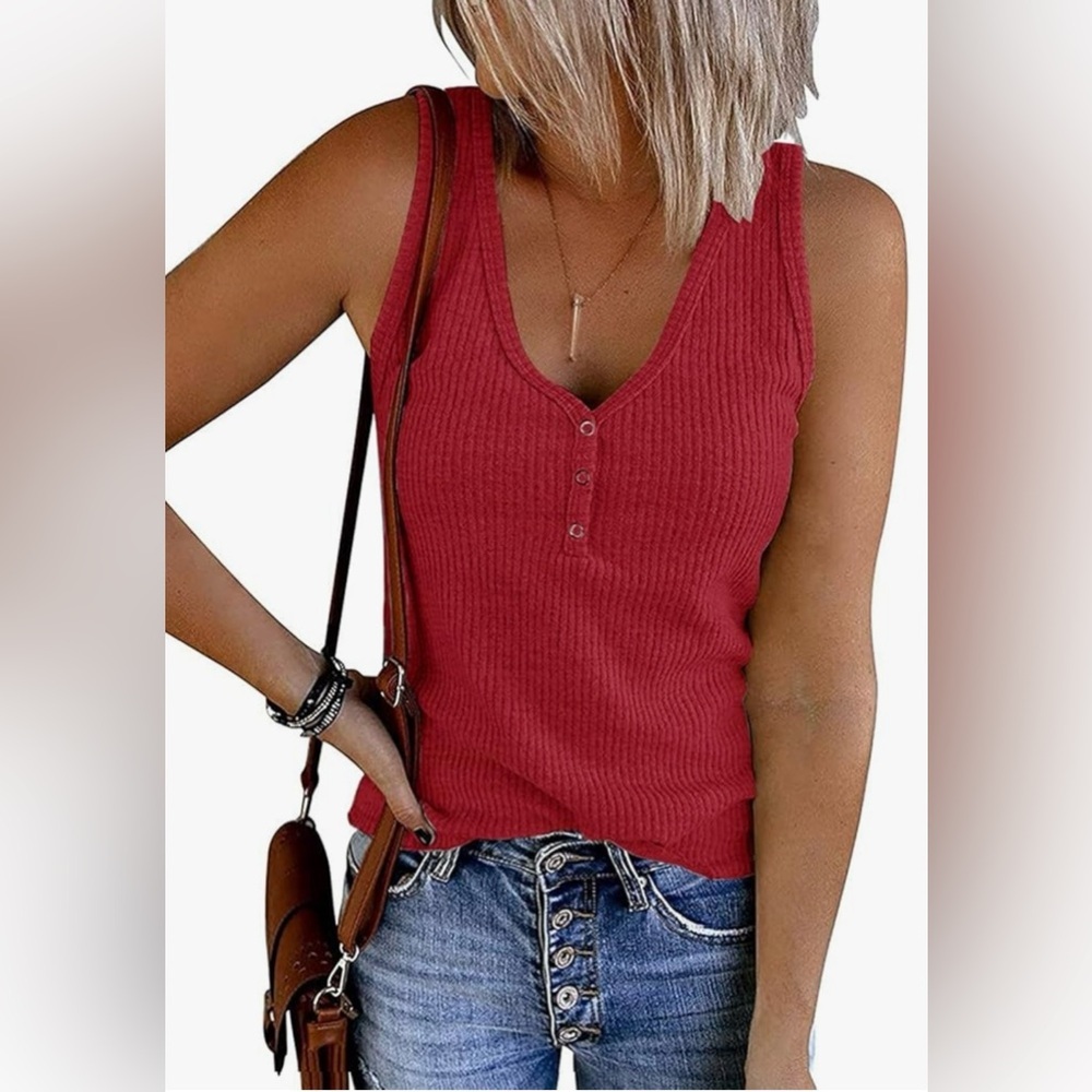 MEROKEETY Women's V Neck Tank Top Sleeveless Ribbed Button Red Shirt Size L